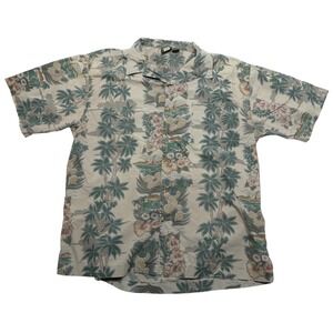 Metro One Hawaiian Shirt Mens XL Beige Palm Tree Cotton Aloha Beach Casual Print